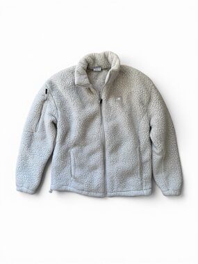 New Balance Sherpa Jacket XS Cream Gray Fleece Zip Up Cinch Waist Cozy Women's
